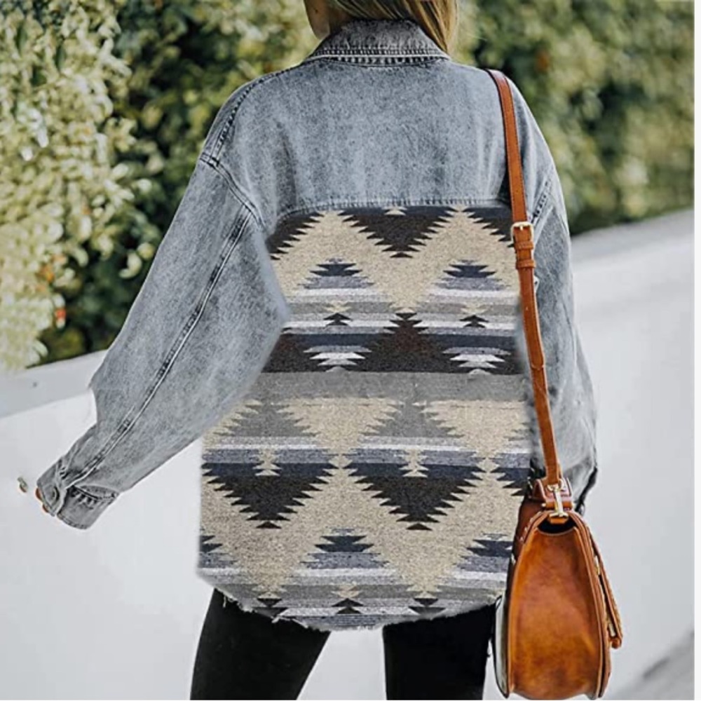 Aztec Design Distressed Denim Jacket - Picture 2 of 14